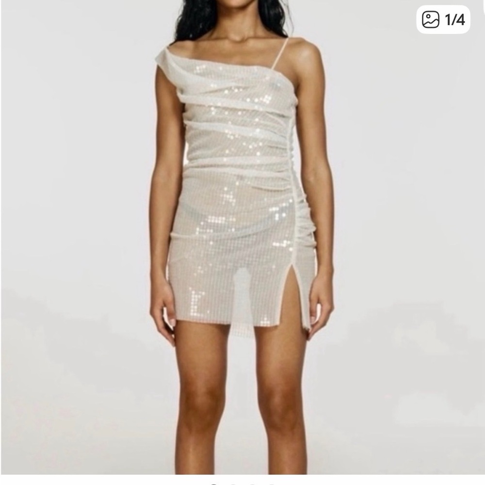 CULTNAKED Cream Sequin One-Shoulder Ruched Mini Dress